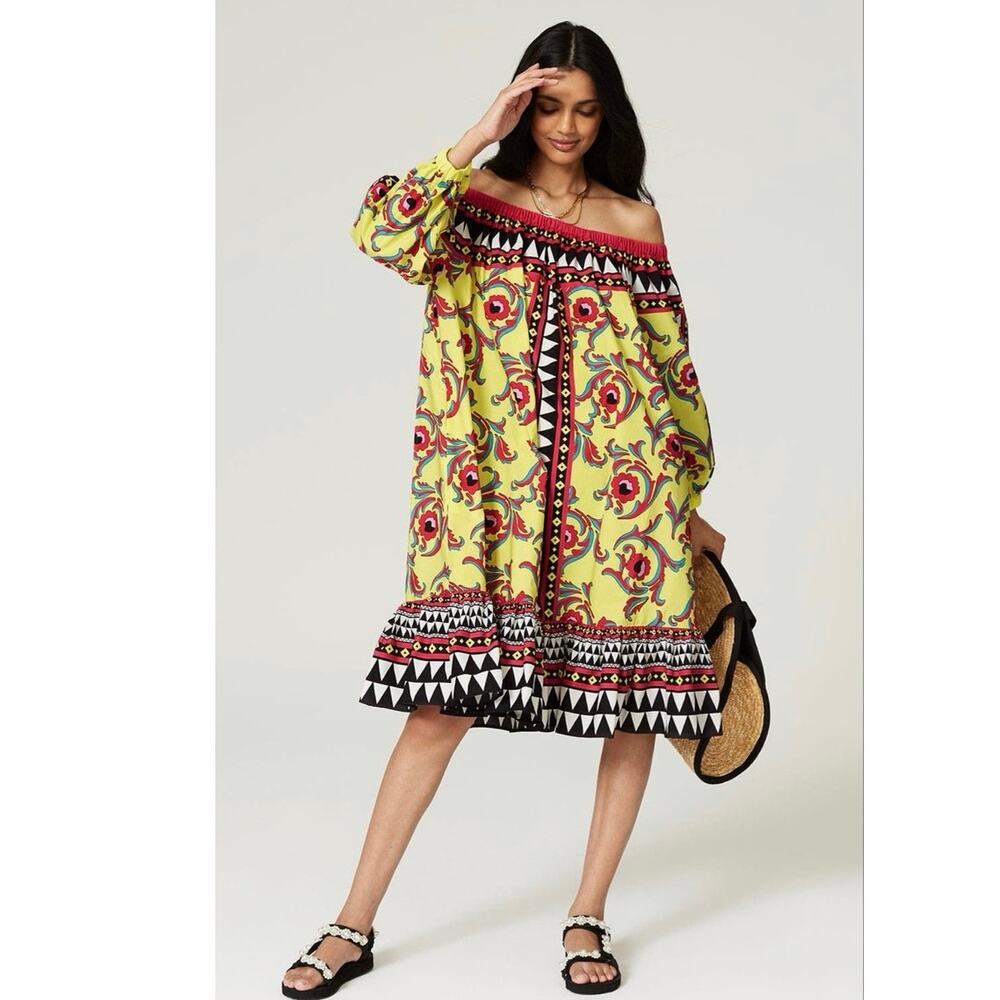 LA DOUBLEJ Yellow Paisley Mod Geo Print Three Quarter Sleeve Off Shoulder Dress - Picture 5 of 16